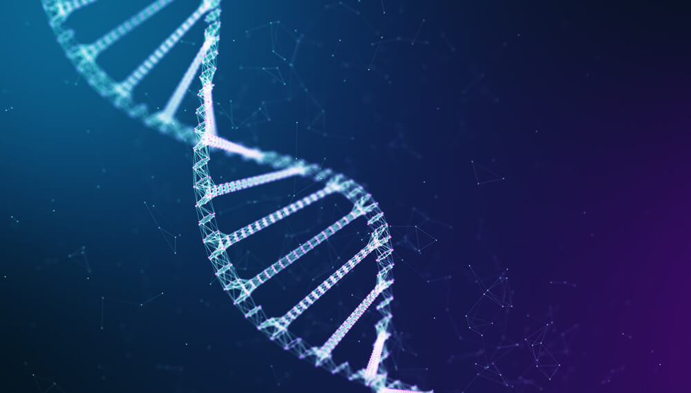 A close-up of a strand of DNA on a blue and purple background.