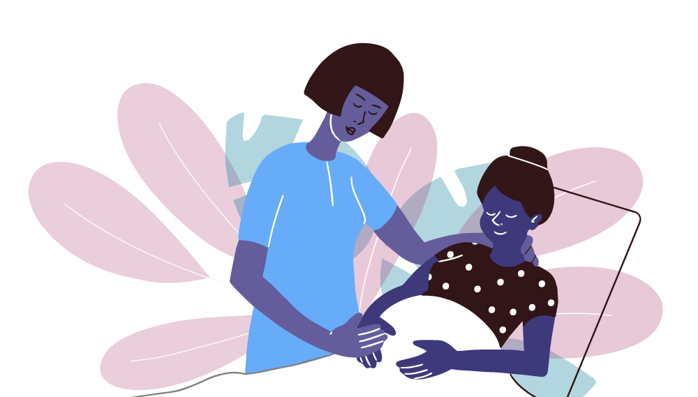Illustration of a pregnant woman in a hospital bed with another woman standing by her side, holding her hand.