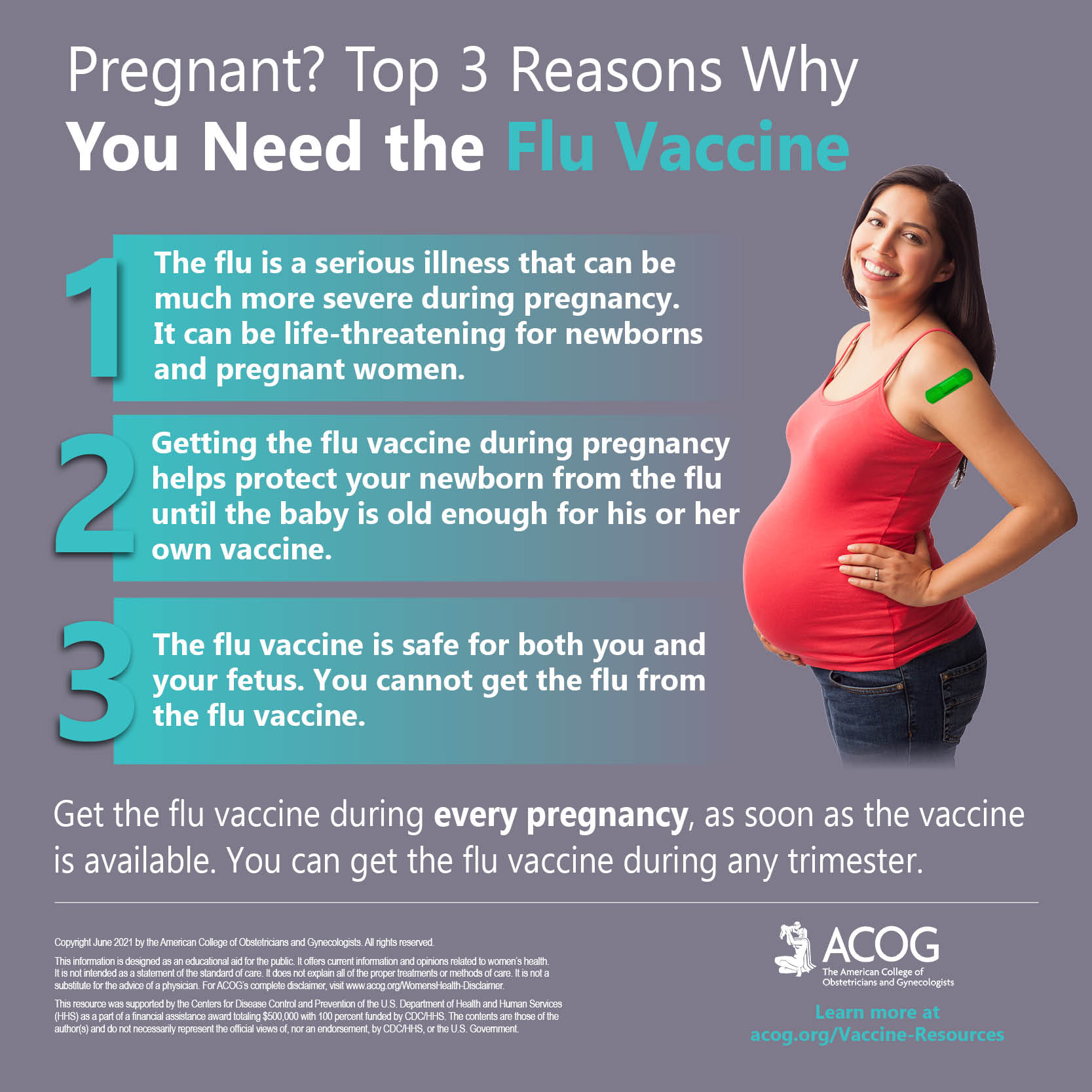 Top 3 reasons why pregnant women should get the flu vaccine infographic.