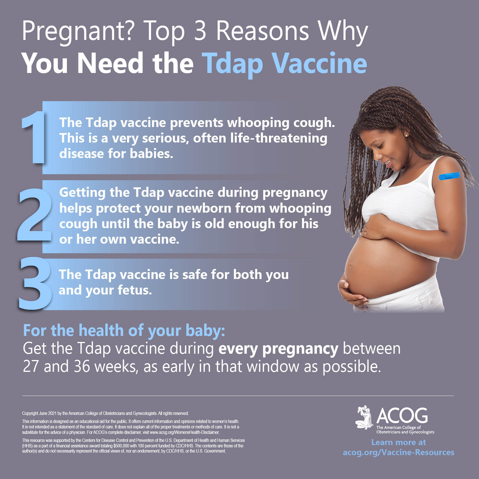 Top 3 reasons why pregnant women need the Tdap vaccine infographic.