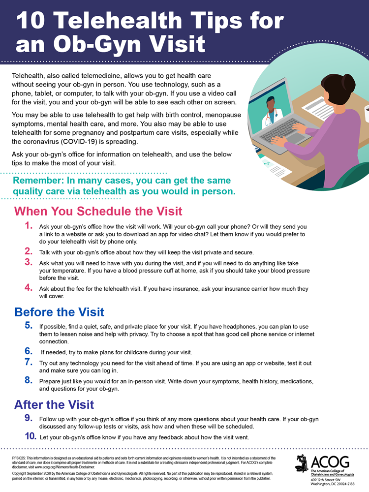 10 Telehealth Tips for an Ob-Gyn Visit infographic.