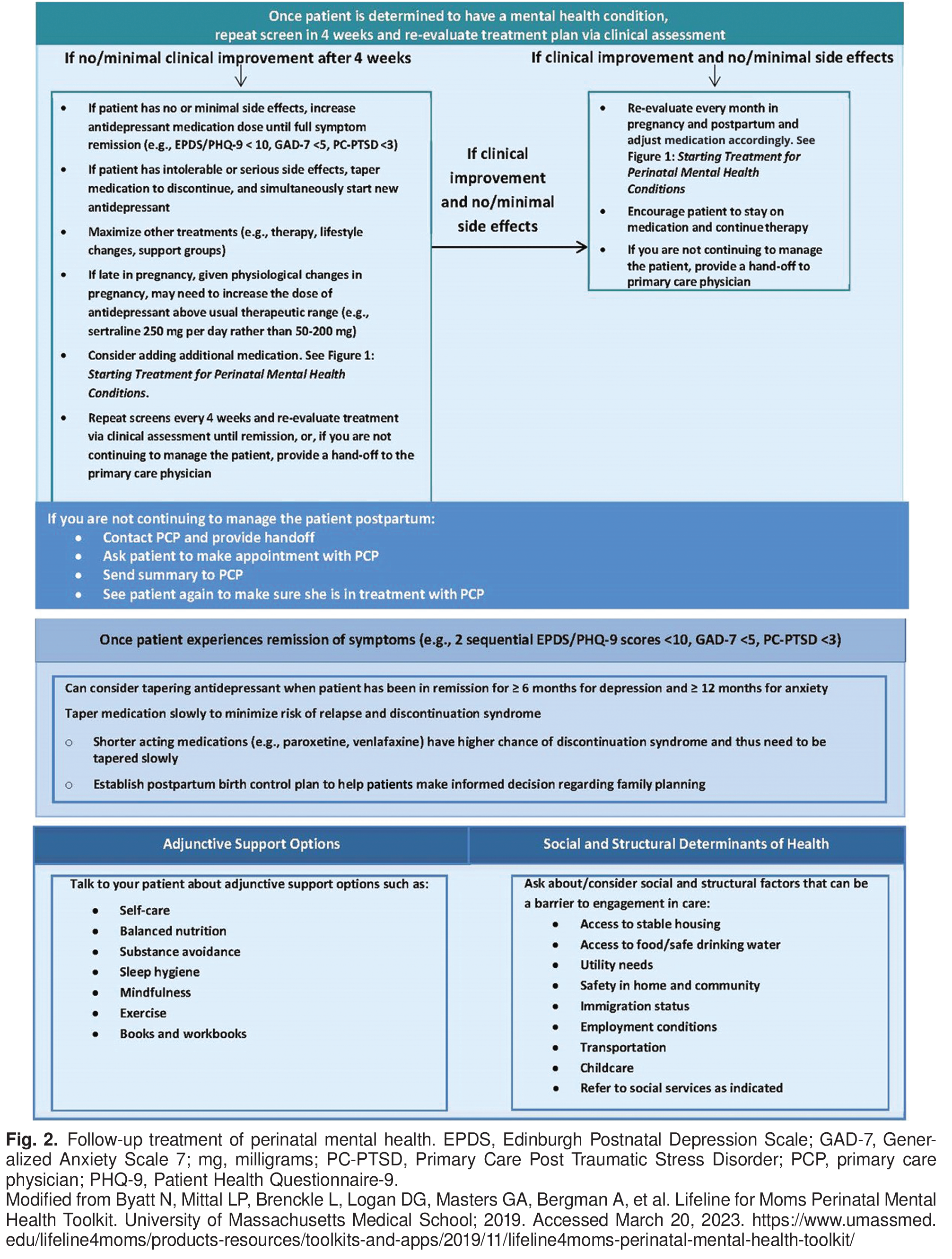 Fig. 2. Follow-up treatment of perinatal mental health. EPDS, Edinburgh Postnatal Depression Scale; GAD-7, Generalized Anxiety Scale 7; mg, milligrams; PC-PTSD, Primary Care Post Traumatic Stress Disorder; PCP, primary care physician; PHQ-9, Patient Health Questionnaire-9. Modified from Byatt N, Mittal LP, Brenckle L, Logan DG, Masters GA, Bergman A, et al. Lifeline for Moms Perinatal Mental Health Toolkit. University of Massachusetts Medical School; 2019. Accessed March 20, 2023. 
 https://www.umassmed.edu/lifeline4moms/products-resources/toolkits-and-apps/2019/11/lifeline4moms-perinatal-mental-health-toolkit/ 