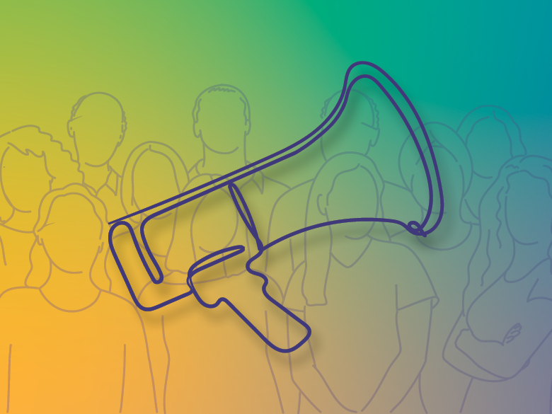 Illustration of a megaphone with people behind it.