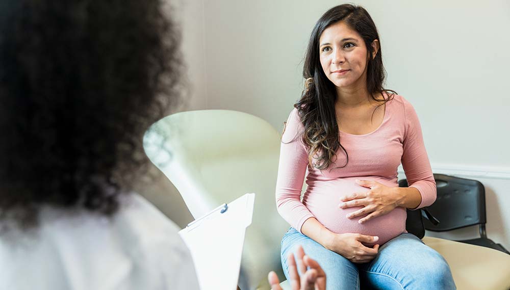 A pregnant woman talks with a health care professional.