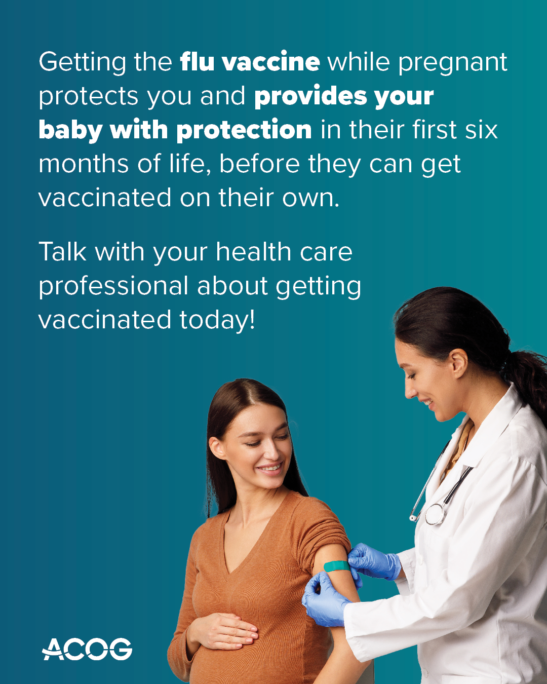 Pregnant person speaks with a clinician. Text reads: You are your patients’ most trusted source for vaccine information. Talk with your pregnant patients about how the flu vaccine can help keep them and their infants healthy.