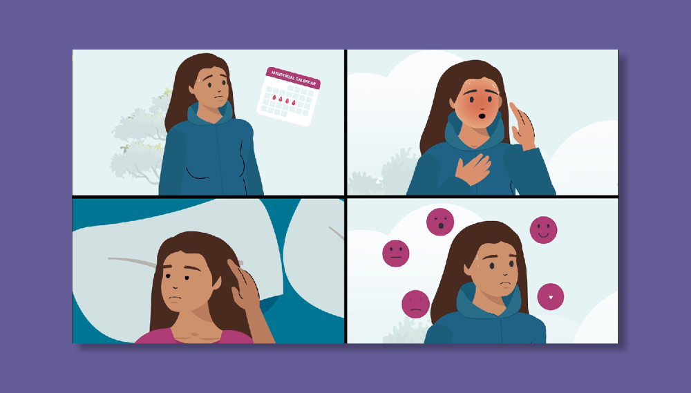 A woman stands next to a menstrual period calendar, a woman experiences a hot flash, a woman lies awake in bed, and a woman is surrounded by faces with different emotions.
