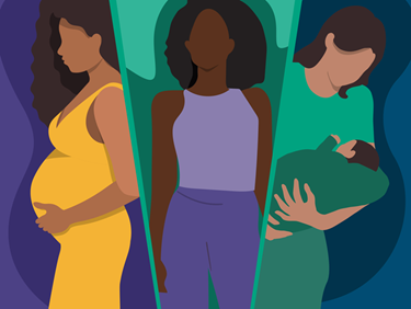 Illustration of three women: one who is visibly pregnant and holding her belly; another cradling a newborn baby; and one who is neither visibly pregnant nor holding a baby.