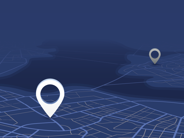 A map with one marker in the forefront and a second in the distance.