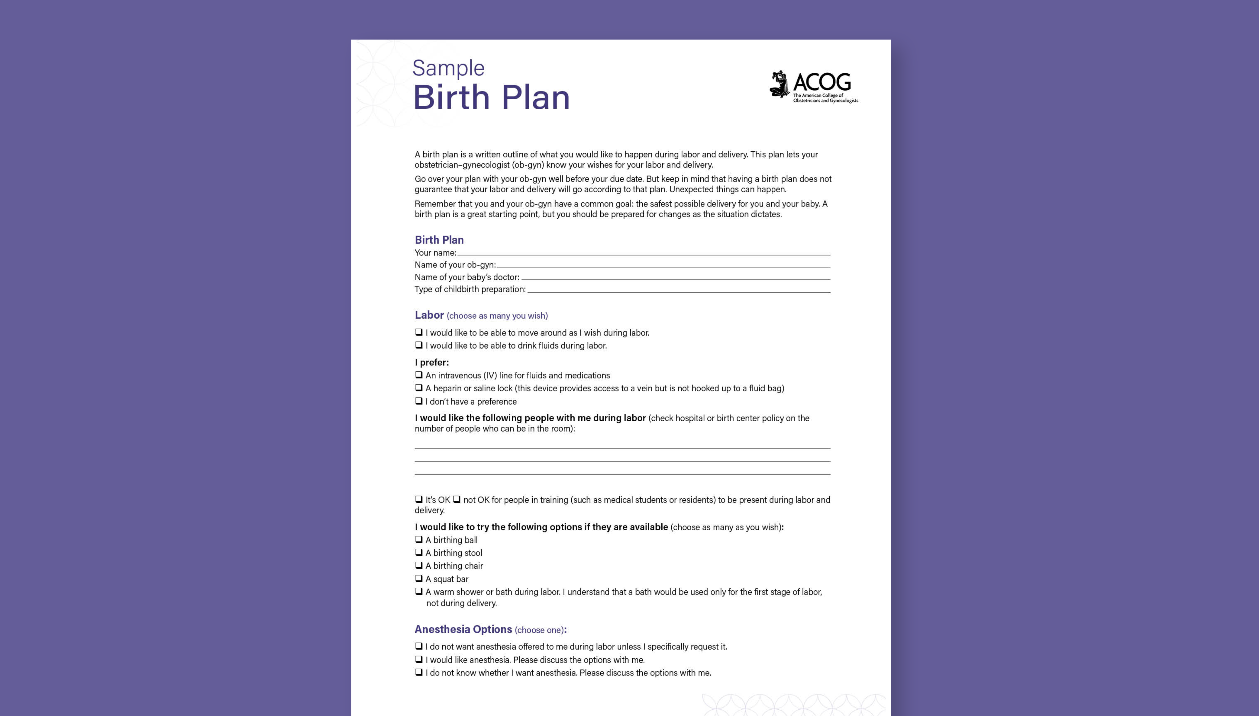 Sample birth plan template.