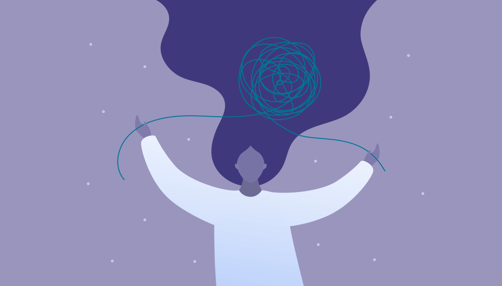 Female silhouette holding ends of tangled thread above her head.