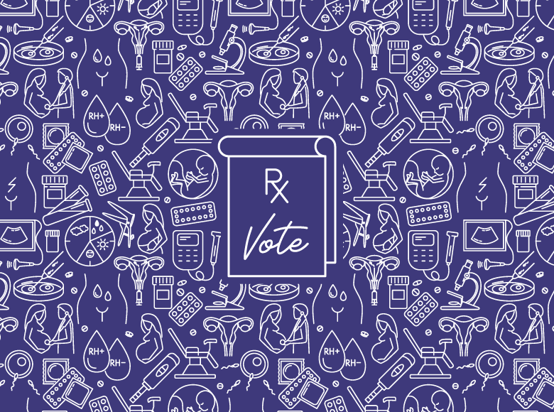 Purple graphic with repeated pattern of medical instruments